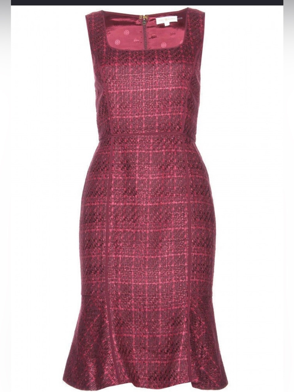 Tory Burch Drew Tweed Sheath Dress Plaid Burgundy Size14
